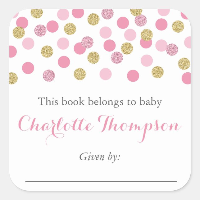 Pink and Gold Glitter Baby Bookplate Sticker Label (Front)