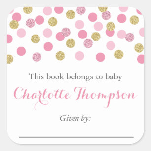 Pink and Gold Glitter Baby Bookplate Sticker Label