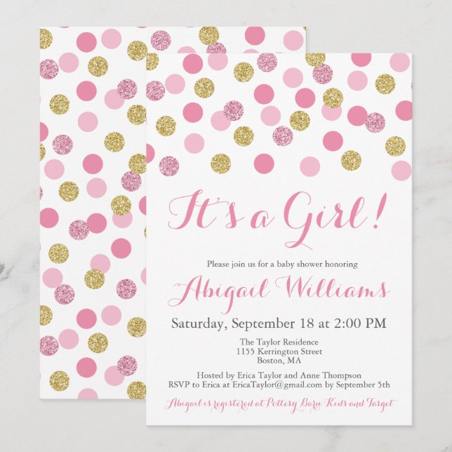 Pink and Gold Glitter Baby Shower Invitations (Front/Back)