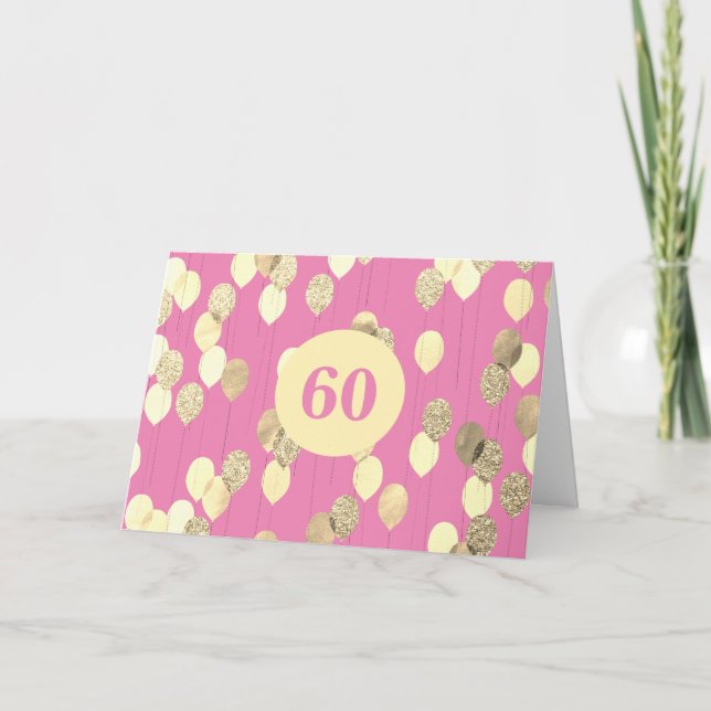 Pink and Gold Glitter Balloons 60th Birthday Card (Front)