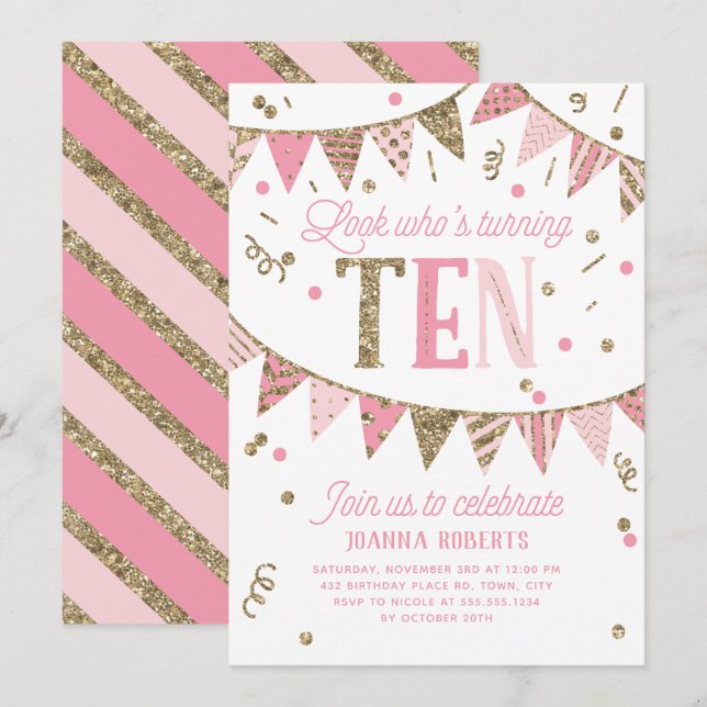 Pink and Gold Glitter Banner 10th Birthday Party Invitation (Front/Back)