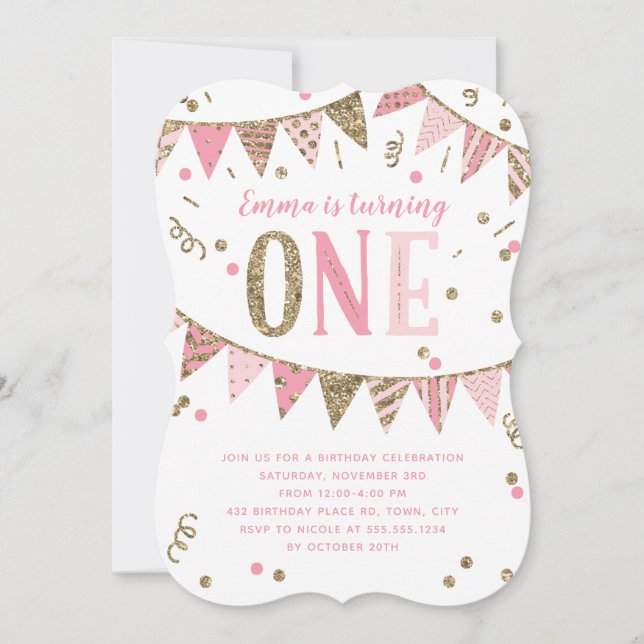 Pink and Gold Glitter Banner 1st Birthday Party Invitation (Front)