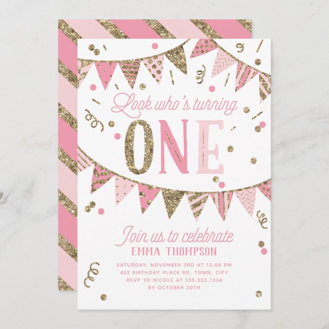 Pink and Gold Glitter Banner FIRST Birthday Party Invitation (Front/Back)