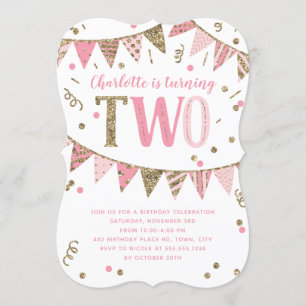 Pink and Gold Glitter Banner Second Birthday Party Invitation