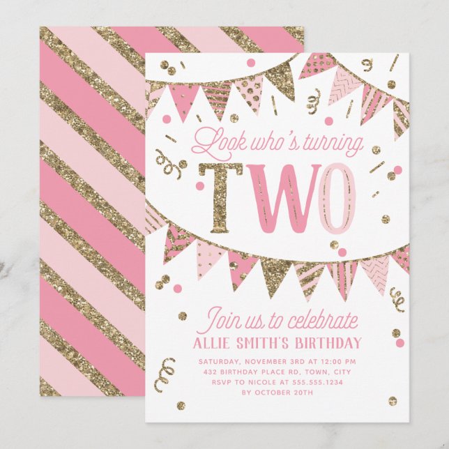 Pink and Gold Glitter Banner Second Birthday Party Invitation (Front/Back)