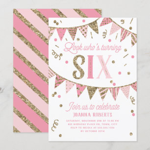 Pink and Gold Glitter Banner Sixth Birthday Party Invitation