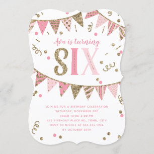 Pink and Gold Glitter Banner Sixth Birthday Party Invitation
