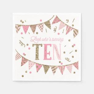 Pink and Gold Glitter Banners 10th Birthday Party Napkin