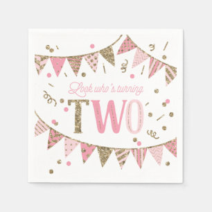 Pink and Gold Glitter Banners 2nd Birthday Napkin