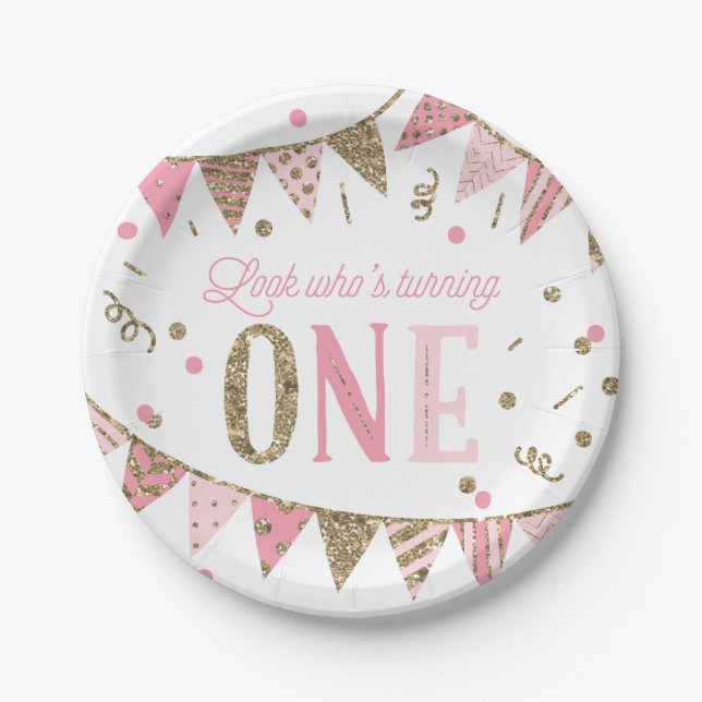 Pink and Gold Glitter Banners First Birthday Paper Plate (Front)