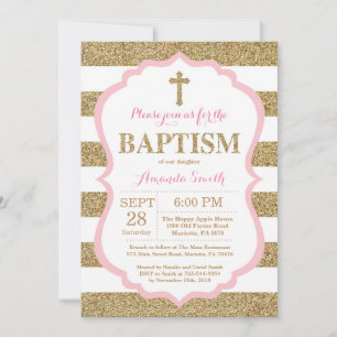 Pink and Gold Glitter Baptism Invitation