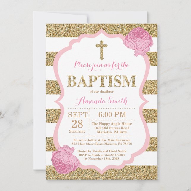 Pink and Gold Glitter Baptism Invitation (Front)