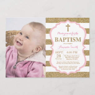 Pink and Gold Glitter Baptism Invitation