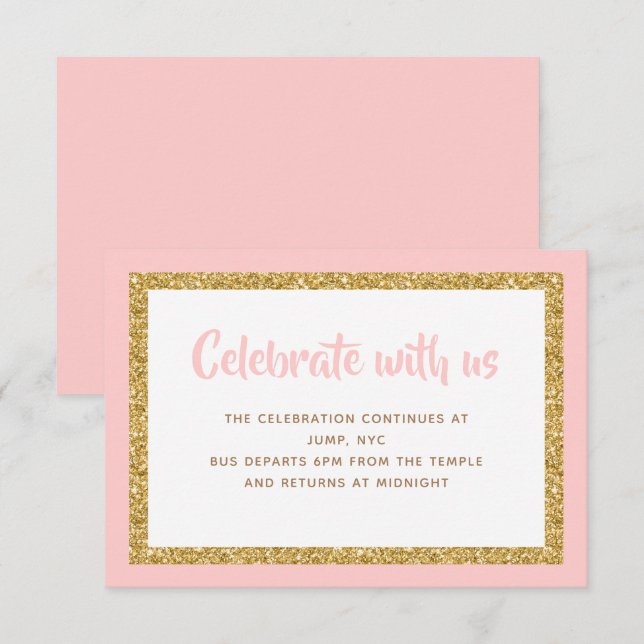 Pink and Gold Glitter Bar Mitzvah Insert Invitation (Front/Back)