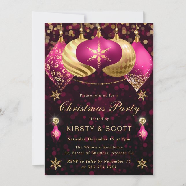 Pink and Gold Glitter Baubles Christmas Party Invitation (Front)