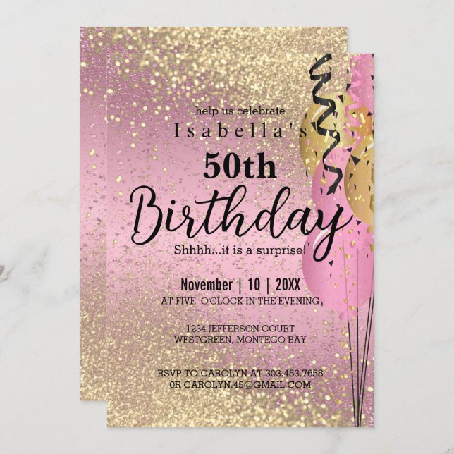 Pink and Gold Glitter Birthday Invitation (Front/Back)