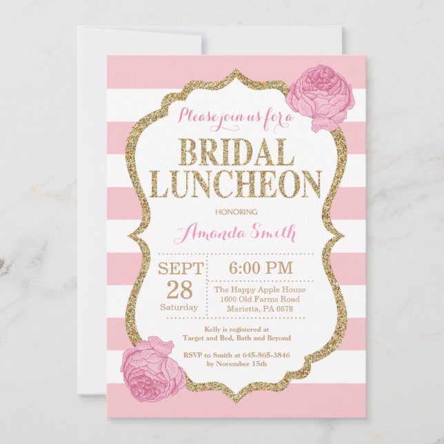 Pink and Gold Glitter Bridal Luncheon Invitation (Front)