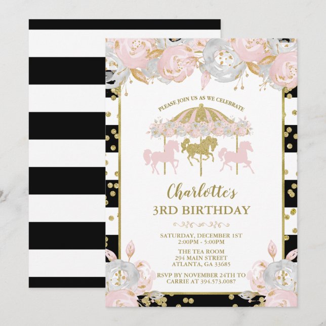 Pink and Gold Glitter Carousel Birthday Invitation (Front/Back)