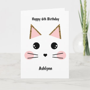 Pink and Gold Glitter Cat Birthday Card