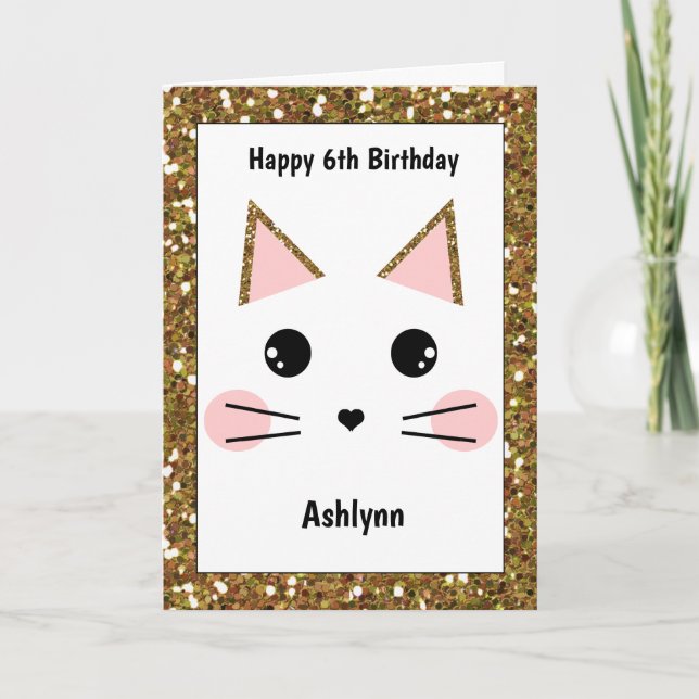 Pink and Gold Glitter Cat Birthday Card (Front)