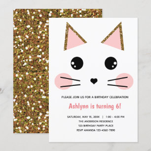 Pink and Gold Glitter Cat Birthday Invitation