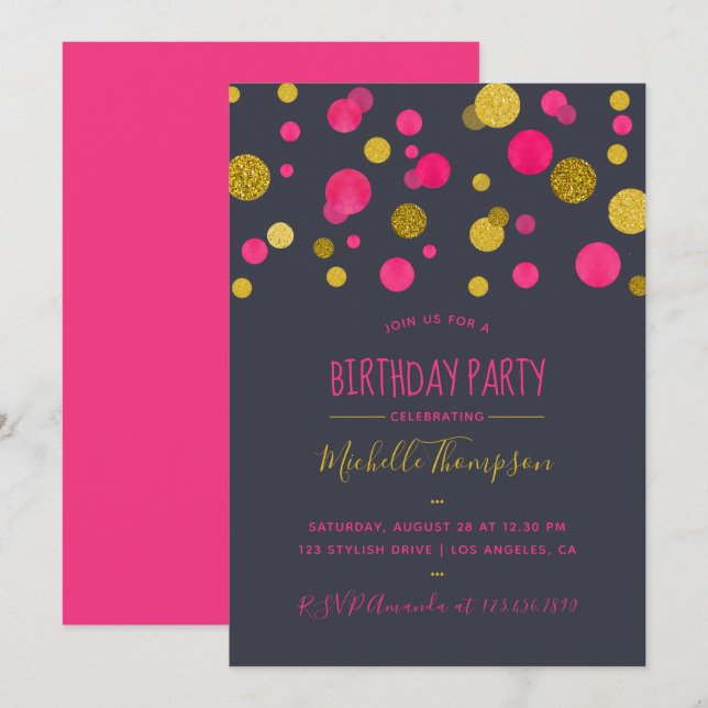 Pink and Gold Glitter Confetti Birthday Party Invitation (Front/Back)