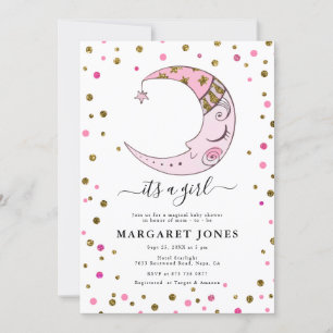 Pink and Gold Glitter Confetti Moon Baby Shower  Invitation