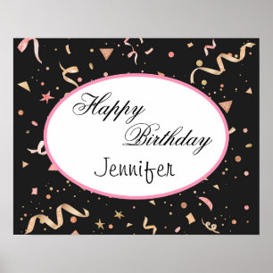 Pink and Gold Glitter Confetti on Black Background Poster