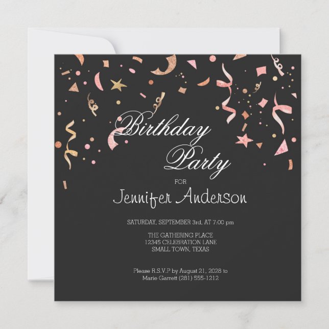 Pink and Gold Glitter Confetti on Black Invitation (Front)