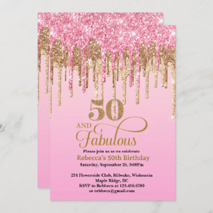 Pink and Gold Glitter Drips 50th Birthday Invitation