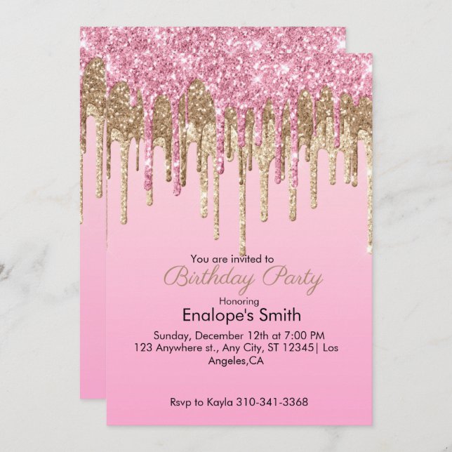 Pink and Gold Glitter Drips Birthday Invitation (Front/Back)