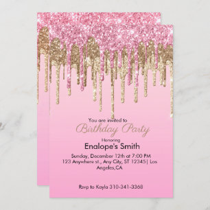 Pink and Gold Glitter Drips Birthday Invitation