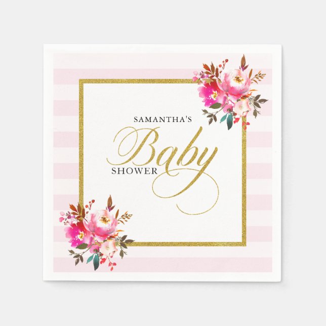 Pink and Gold Glitter Elegant Floral Baby Shower Napkin (Front)