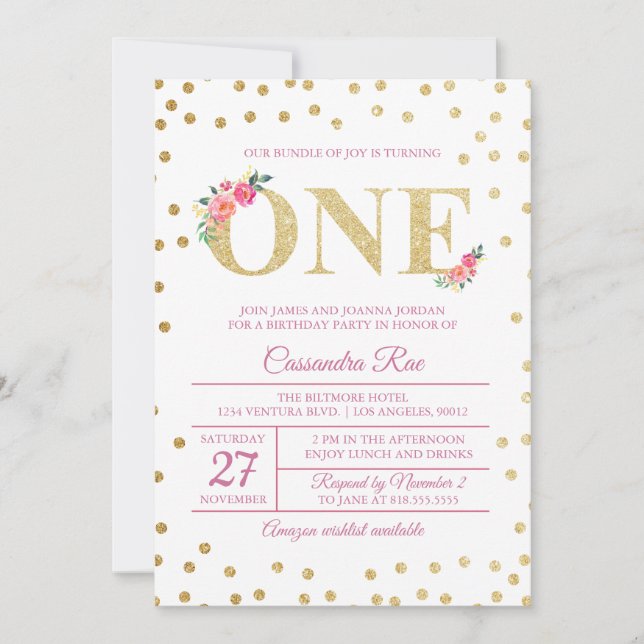 Pink and Gold Glitter First Birthday Invitation (Front)