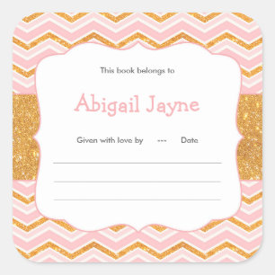 Pink and gold glitter girl baby shower book plates square sticker