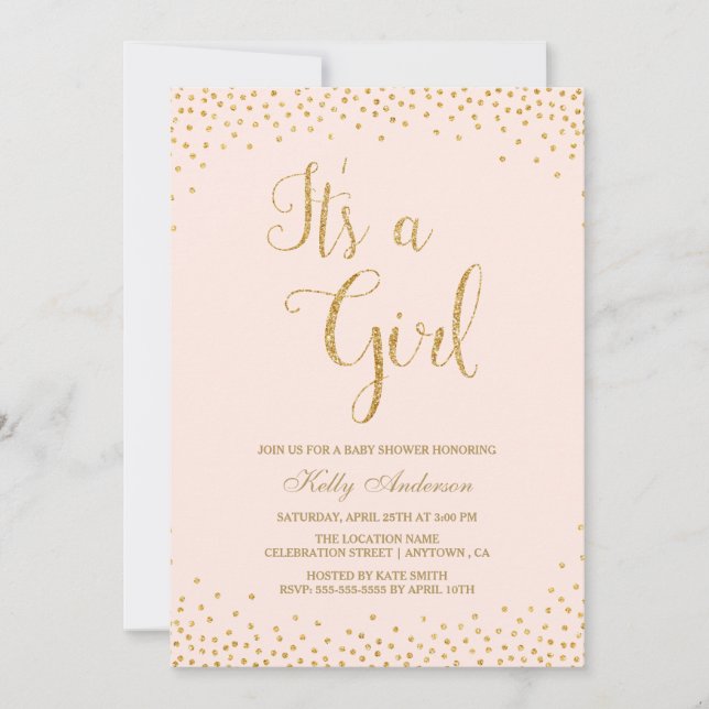 Pink and Gold Glitter Girl Baby Shower Invitations (Front)