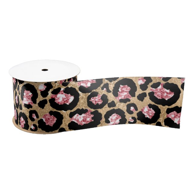 Pink and Gold Glitter Glam Leopard Spots Pattern Satin Ribbon (Spool)