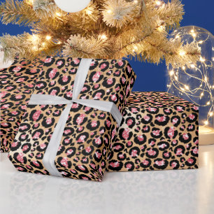 Pink and Gold Glitter Glam Leopard Spots Pattern Wrapping Paper