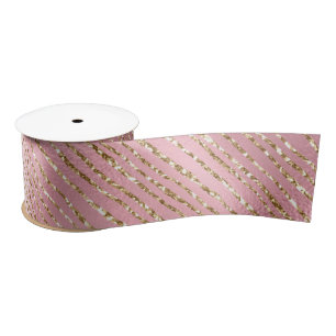Pink and Gold Glitter Glam Stripes Pattern Satin Ribbon