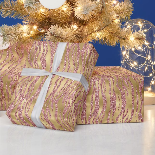 Pink and Gold Glitter Glam Tiger Stripes Pattern Wrapping Paper (Holidays)