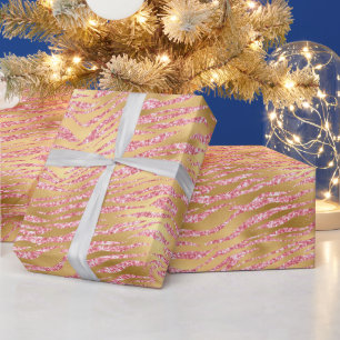 Pink and Gold Glitter Glam Tiger Stripes Pattern Wrapping Paper