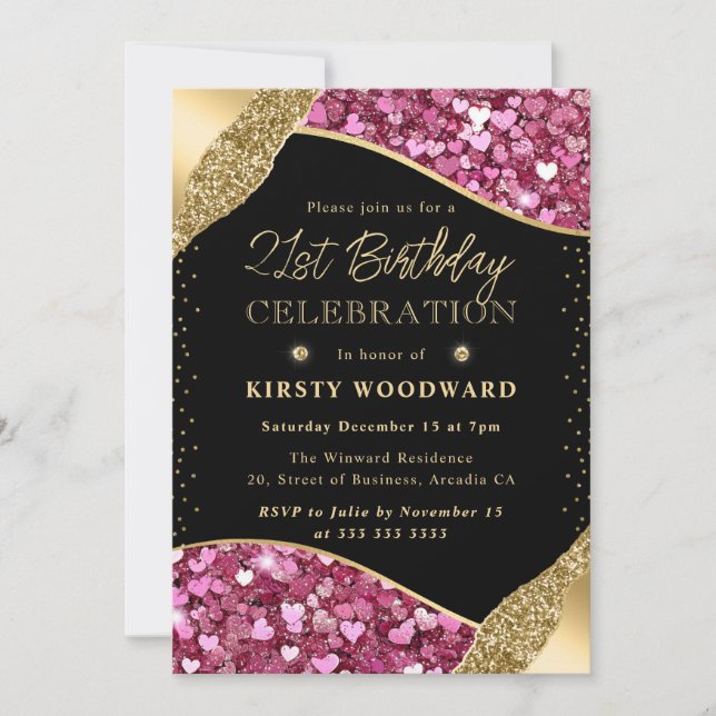 Pink and Gold Glitter Hearts 21st Birthday Invitation (Front)