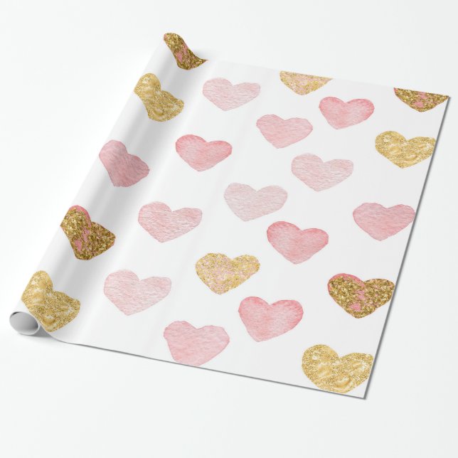 Pink And Gold Glitter Hearts Wrapping Paper (Unrolled)