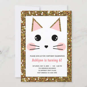 Pink and Gold Glitter Kitty Cat Birthday Invitation