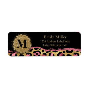 Pink and gold glitter leopard print return address