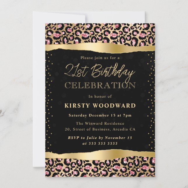 Pink and Gold Glitter Leopard Spots 21st Birthday Invitation (Front)