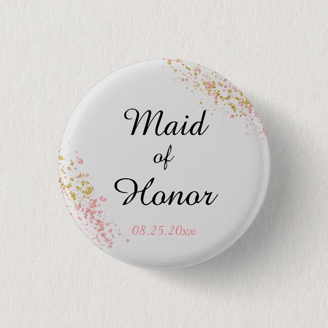 Pink and Gold Glitter Maid of Honour 3 Cm Round Badge (Front)