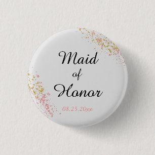 Pink and Gold Glitter Maid of Honour 3 Cm Round Badge