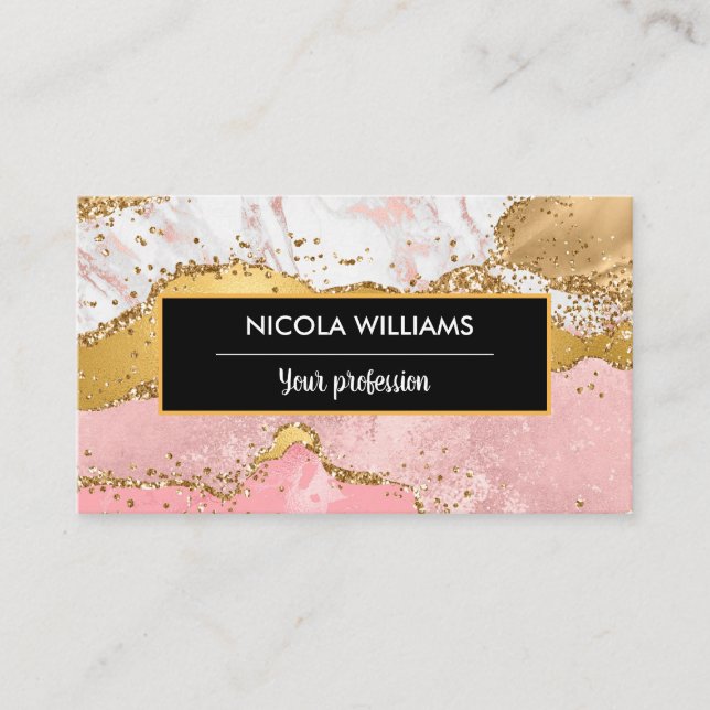 Pink and Gold Glitter Marble Agate Business Card (Front)