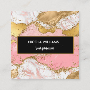 Pink and Gold Glitter Marble Agate Square Business Card